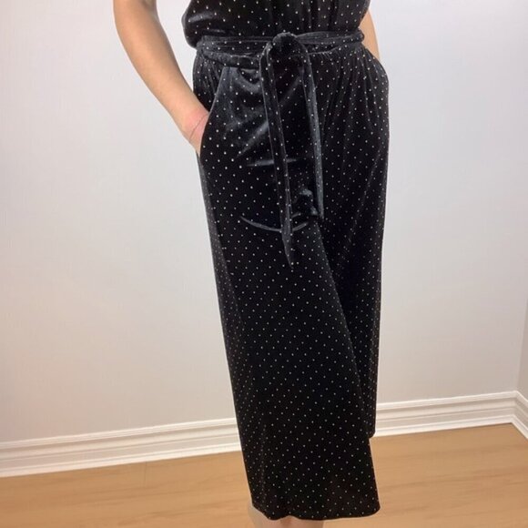 MICHAEL KORS BLACK VELVET GOLD DOTS WIDE LEG JUMPSUIT S - Picture 7 of 12